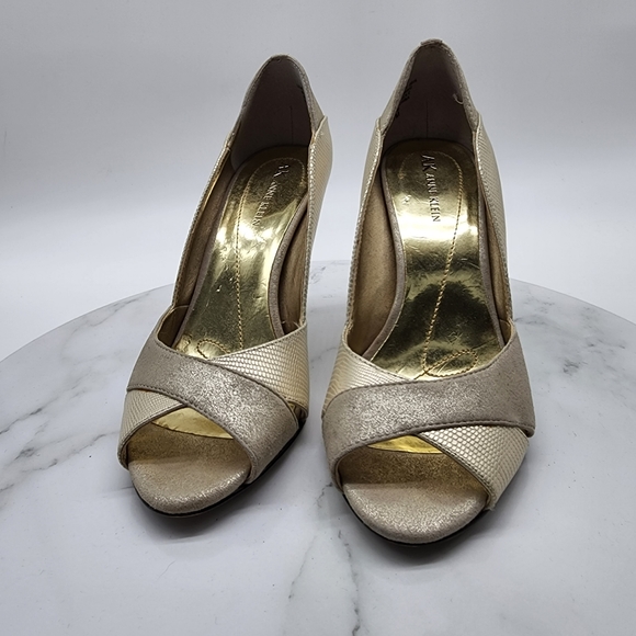 Aus 7 Anne Klein Gold Metallic Leather Open Toe Heels - Picture 14 of 16